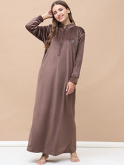 Solid Brown Velvet Maternity Velvet Nighty Full Length