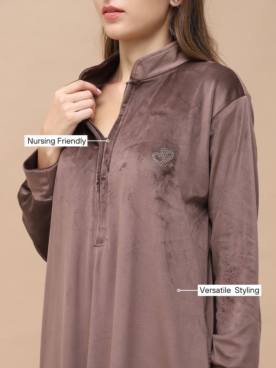 Solid Brown Velvet Maternity Velvet Nighty Full Length