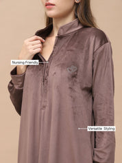 Solid Brown Velvet Maternity Velvet Nighty Full Length