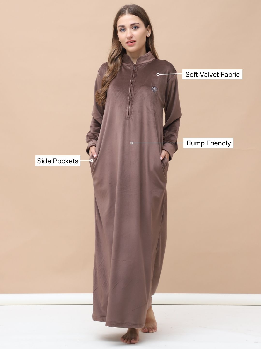 Solid Brown Velvet Maternity Velvet Nighty Full Length