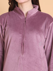 Secret Wish Pink Solid Collared Neck Velvet Full Length Winter Nighty