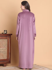 Secret Wish Pink Solid Collared Neck Velvet Full Length Winter Nighty