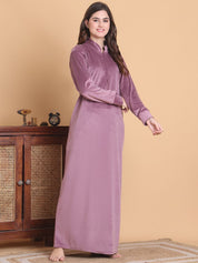 Secret Wish Pink Solid Collared Neck Velvet Full Length Winter Nighty