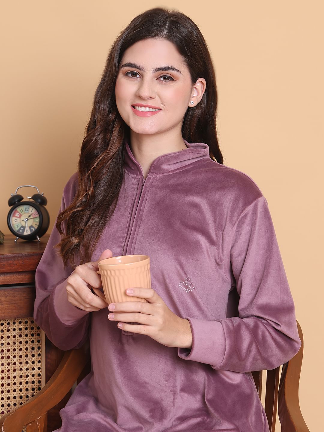 Secret Wish Pink Solid Collared Neck Velvet Full Length Winter Nighty