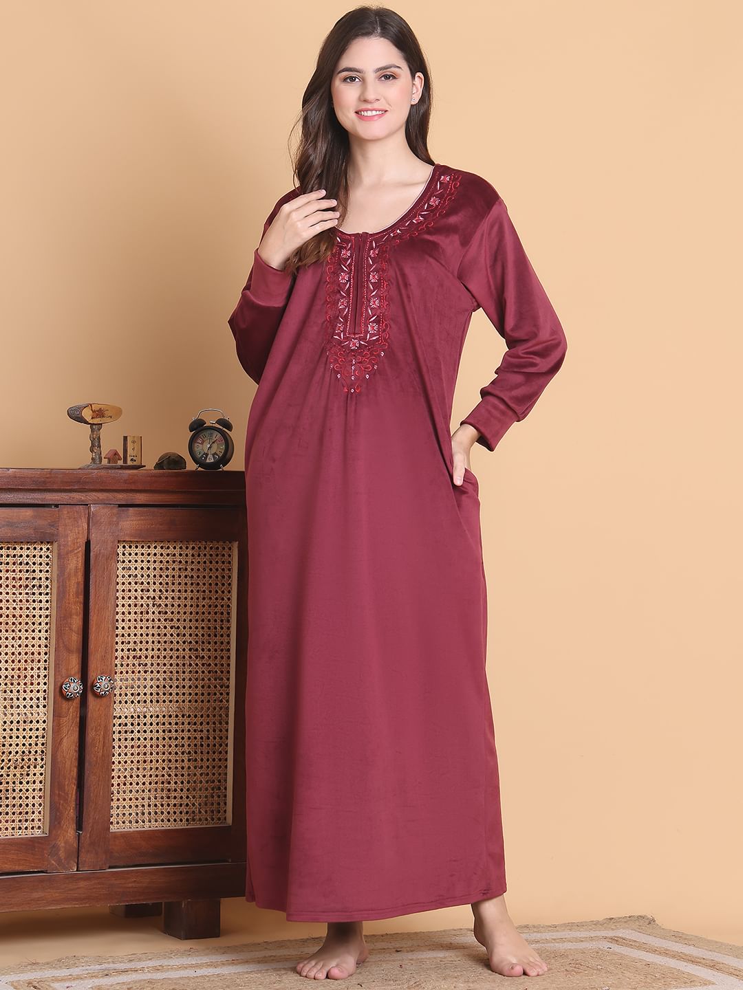 Secret Wish Maroon Solid Round Neck Velvet Full Length Winter Nighty
