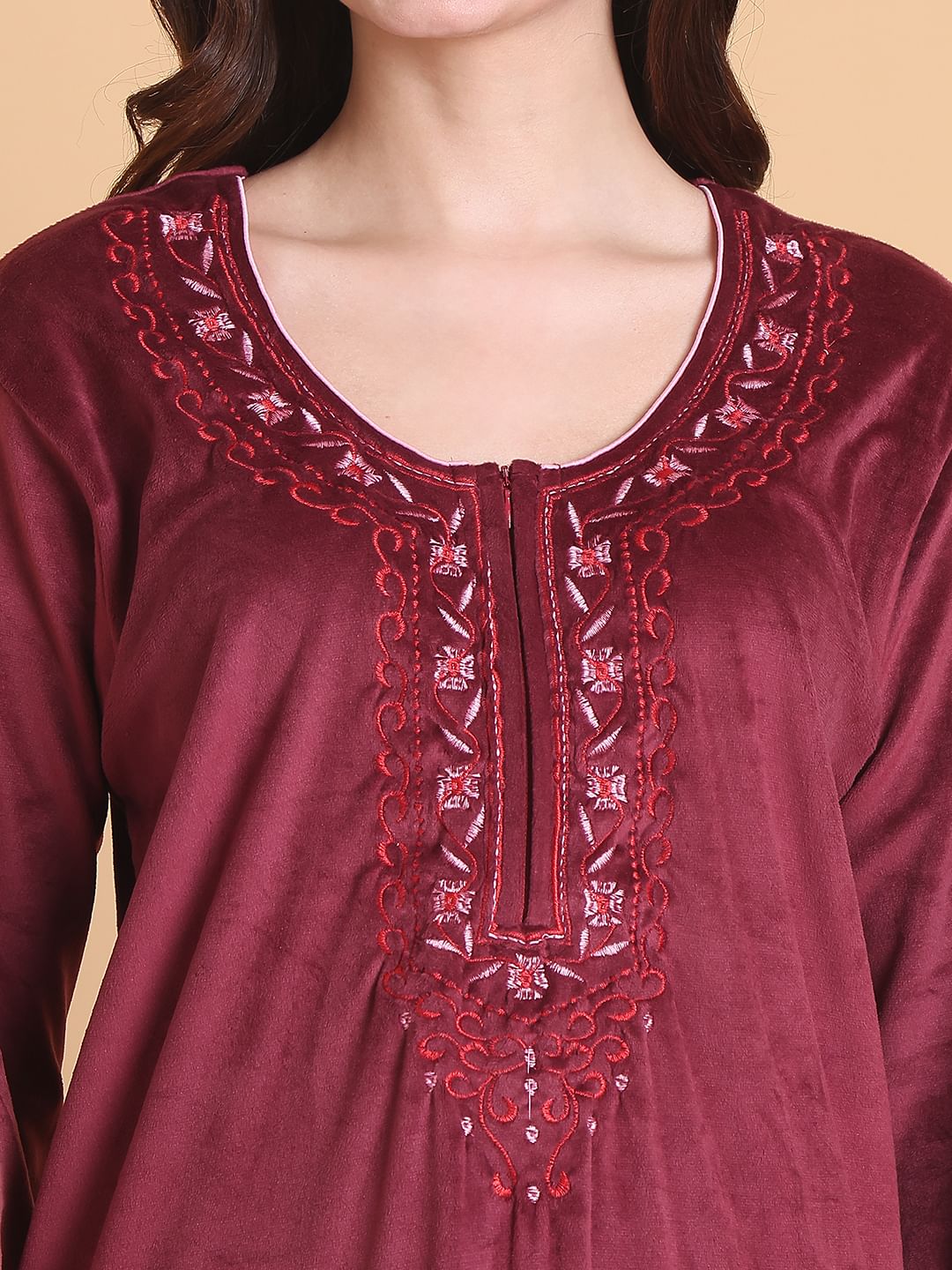 Secret Wish Maroon Solid Round Neck Velvet Full Length Winter Nighty