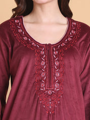 Secret Wish Maroon Solid Round Neck Velvet Full Length Winter Nighty