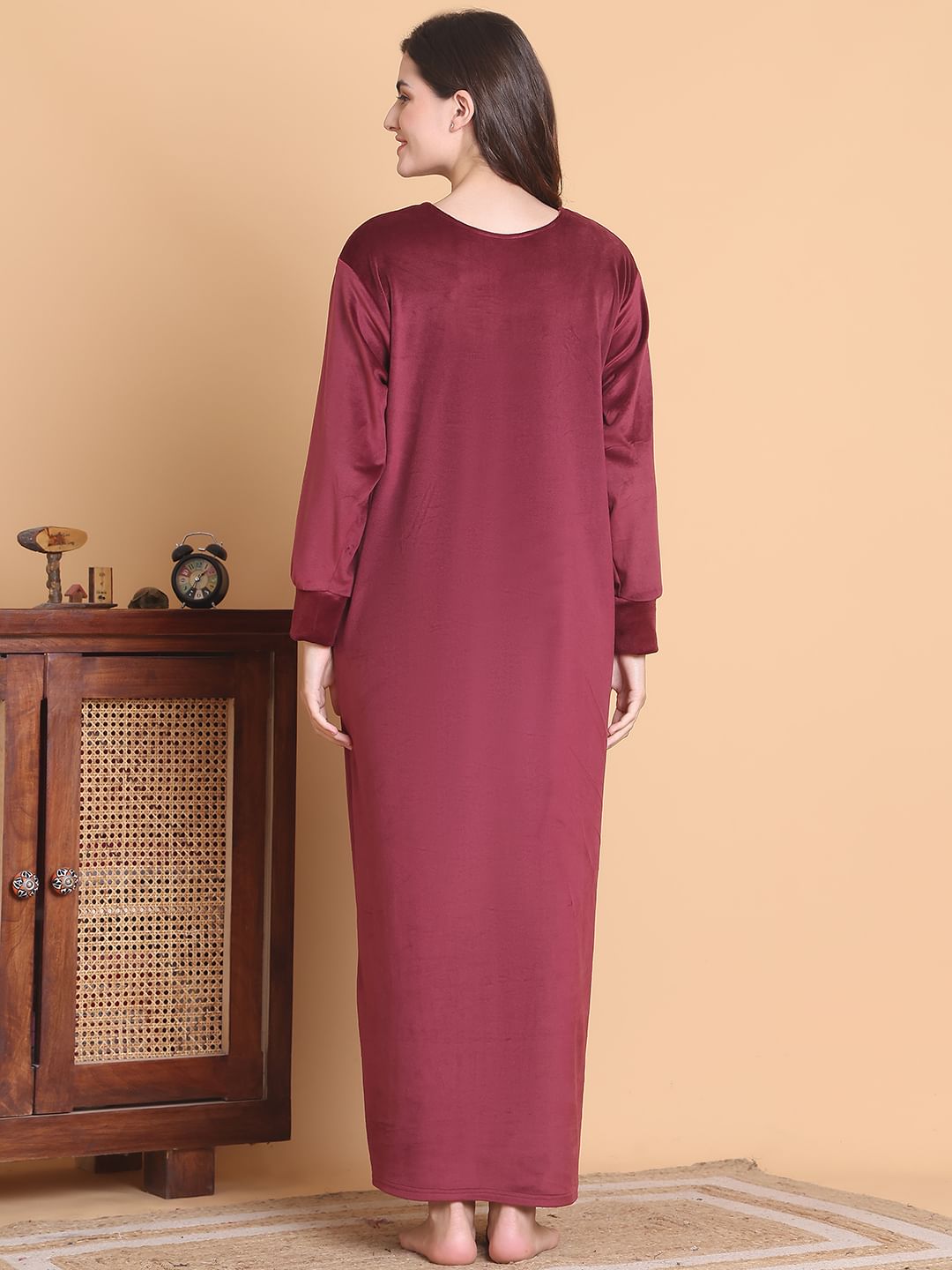 Secret Wish Maroon Solid Round Neck Velvet Full Length Winter Nighty