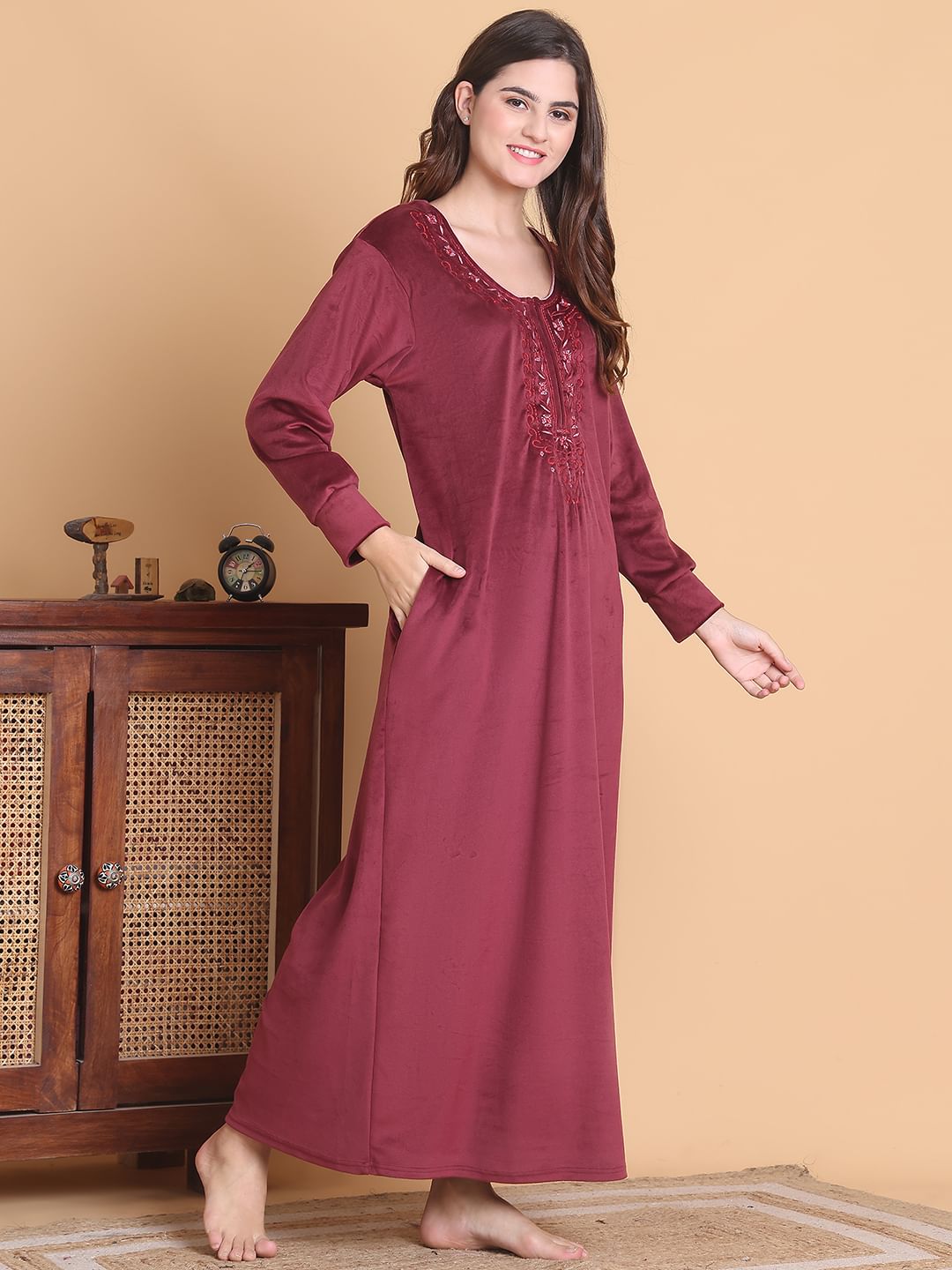 Secret Wish Maroon Solid Round Neck Velvet Full Length Winter Nighty