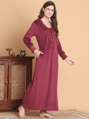 Secret Wish Maroon Solid Round Neck Velvet Full Length Winter Nighty