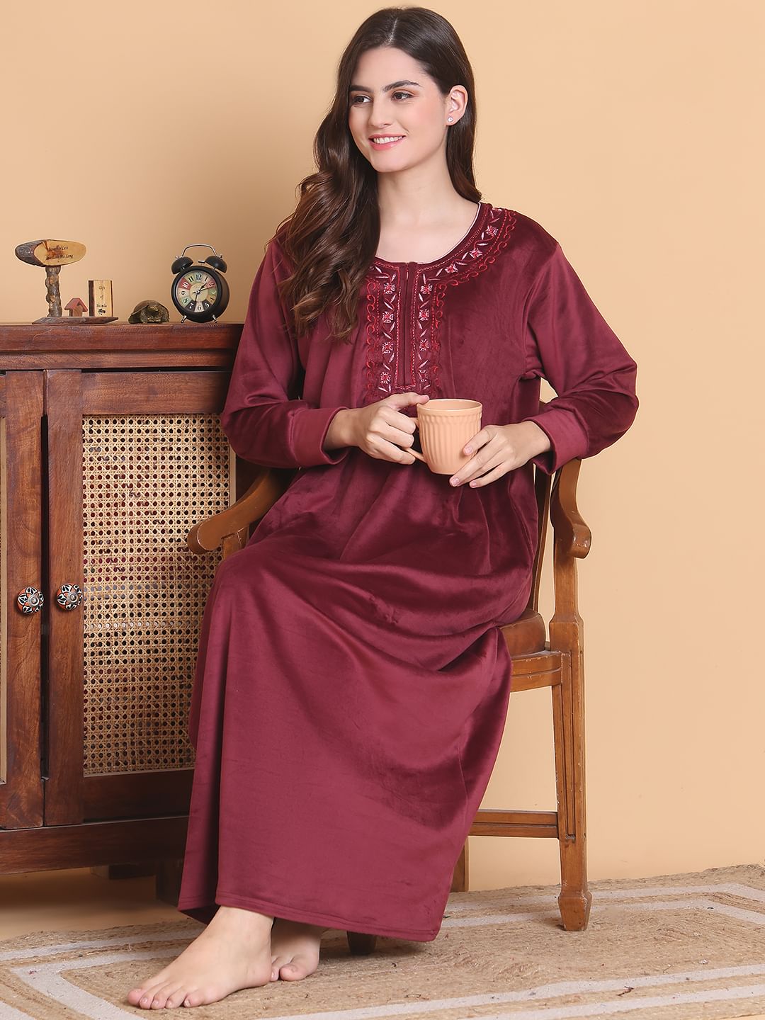 Secret Wish Maroon Solid Round Neck Velvet Full Length Winter Nighty