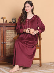 Secret Wish Maroon Solid Round Neck Velvet Full Length Winter Nighty