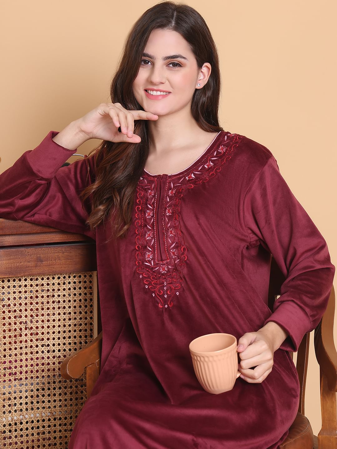 Secret Wish Maroon Solid Round Neck Velvet Full Length Winter Nighty