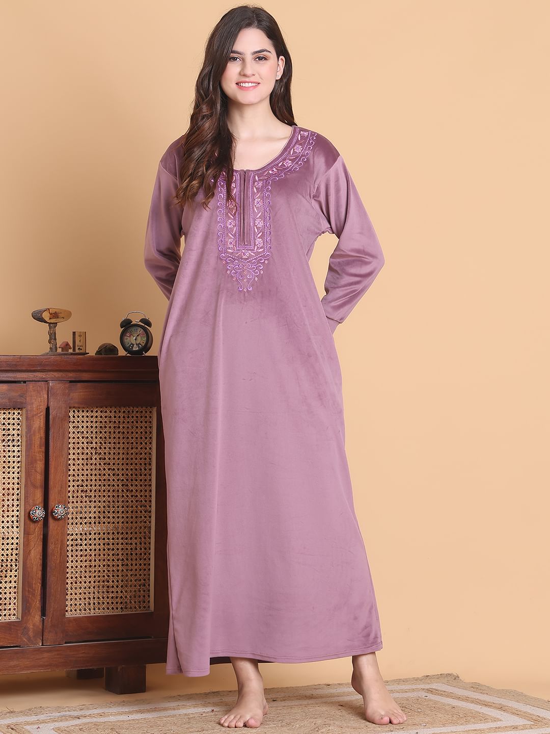 Secret Wish Pink Solid Round Neck Velvet Full Length Winter Nighty