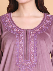 Secret Wish Pink Solid Round Neck Velvet Full Length Winter Nighty