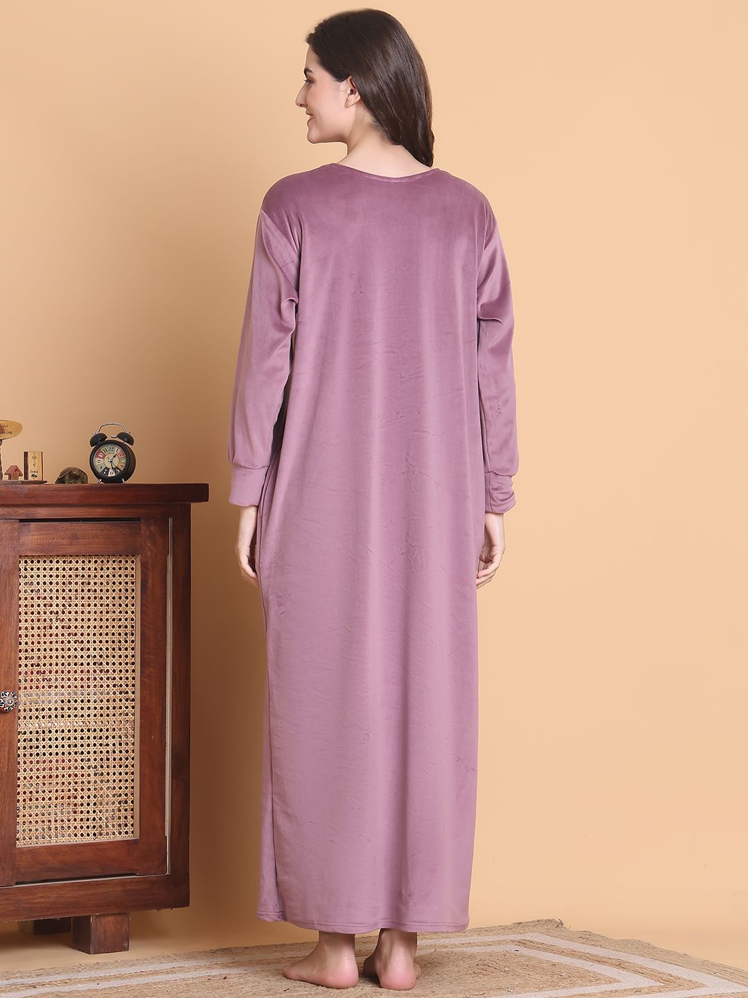 Secret Wish Pink Solid Round Neck Velvet Full Length Winter Nighty