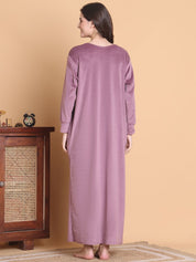 Secret Wish Pink Solid Round Neck Velvet Full Length Winter Nighty