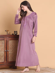 Secret Wish Pink Solid Round Neck Velvet Full Length Winter Nighty