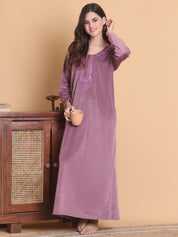 Secret Wish Pink Solid Round Neck Velvet Full Length Winter Nighty