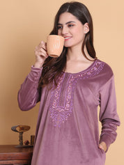 Secret Wish Pink Solid Round Neck Velvet Full Length Winter Nighty