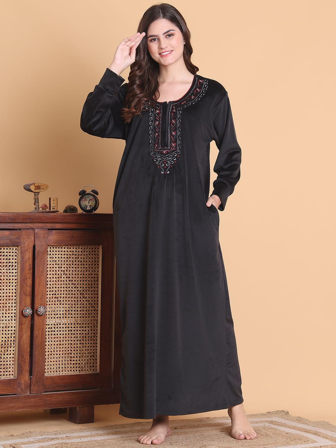 Secret Wish Black Solid Round Neck Velvet Full Length Winter Nighty
