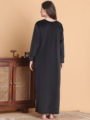 Secret Wish Black Solid Round Neck Velvet Full Length Winter Nighty