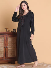Secret Wish Black Solid Round Neck Velvet Full Length Winter Nighty