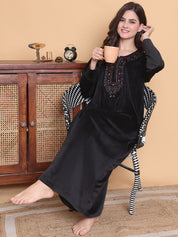 Secret Wish Black Solid Round Neck Velvet Full Length Winter Nighty