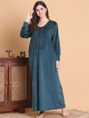 Secret Wish Teal Solid Round Neck Velvet Full Length Winter Nighty