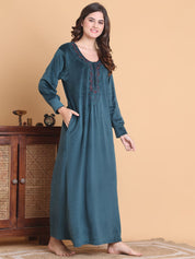 Secret Wish Teal Solid Round Neck Velvet Full Length Winter Nighty