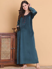 Secret Wish Teal Solid Round Neck Velvet Full Length Winter Nighty