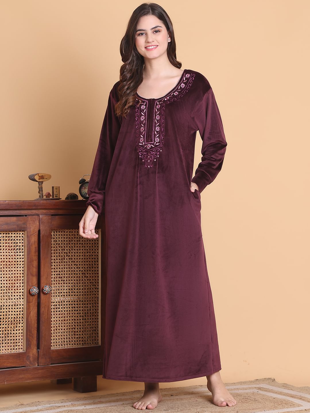 Secret Wish Burgundy Solid Round Neck Velvet Full Length Winter Nighty