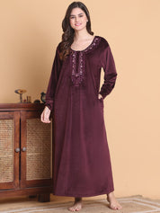 Secret Wish Burgundy Solid Round Neck Velvet Full Length Winter Nighty