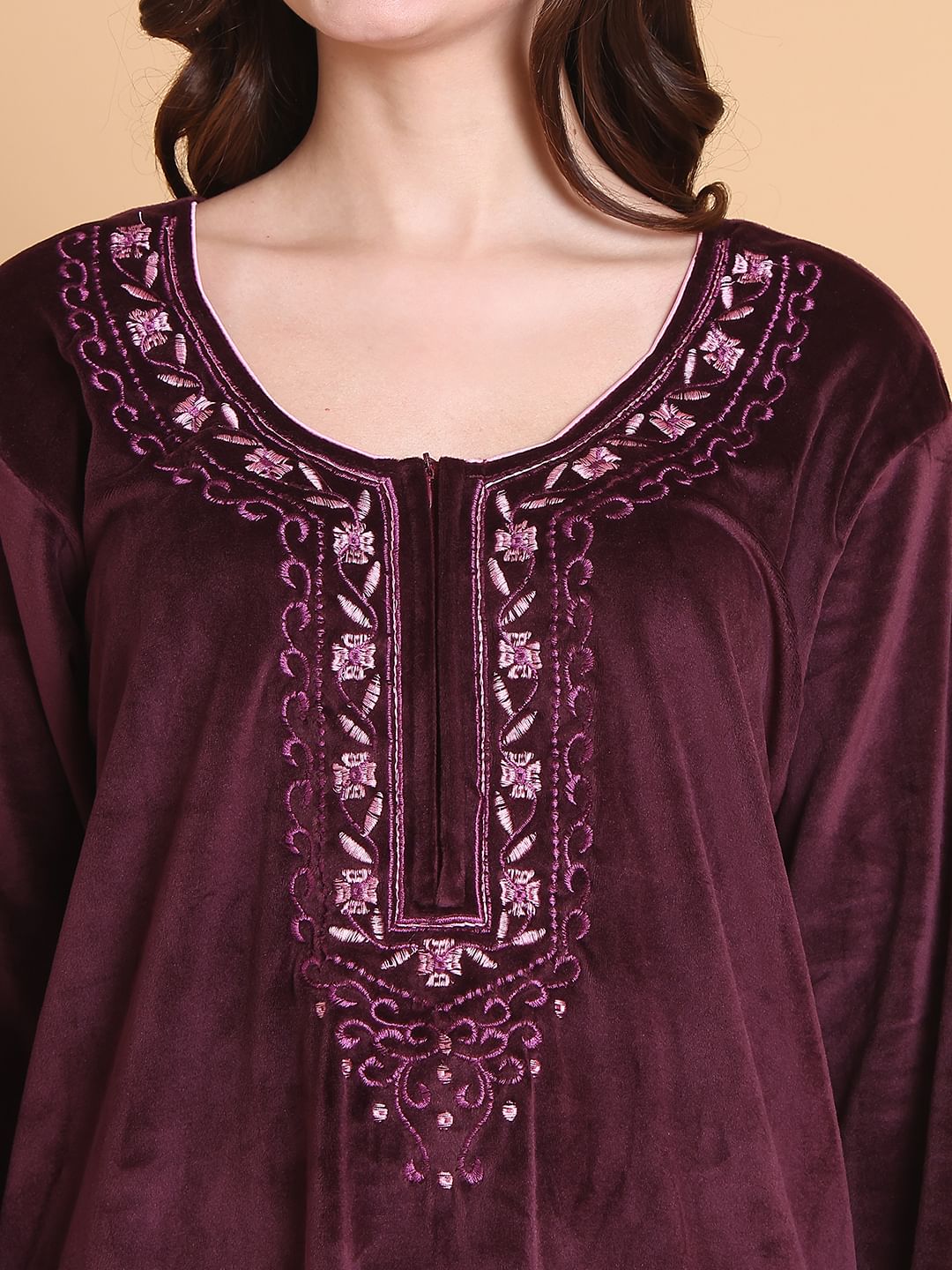 Secret Wish Burgundy Solid Round Neck Velvet Full Length Winter Nighty