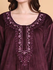 Secret Wish Burgundy Solid Round Neck Velvet Full Length Winter Nighty