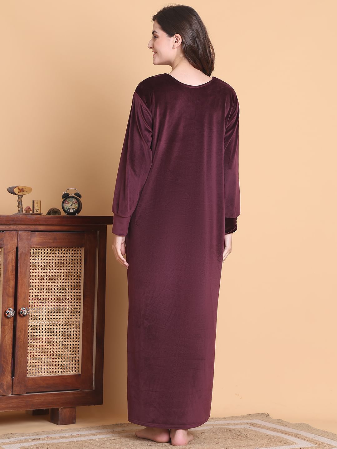 Secret Wish Burgundy Solid Round Neck Velvet Full Length Winter Nighty