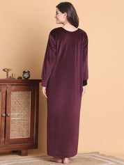 Secret Wish Burgundy Solid Round Neck Velvet Full Length Winter Nighty