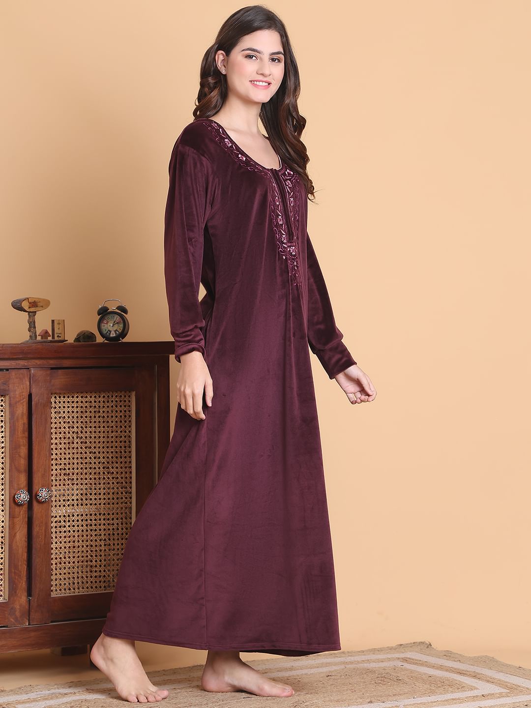 Secret Wish Burgundy Solid Round Neck Velvet Full Length Winter Nighty
