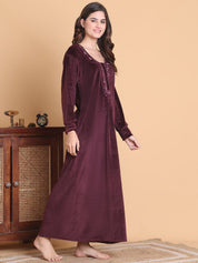 Secret Wish Burgundy Solid Round Neck Velvet Full Length Winter Nighty