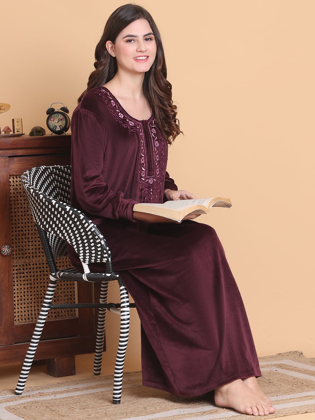 Secret Wish Burgundy Solid Round Neck Velvet Full Length Winter Nighty