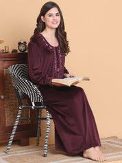 Secret Wish Burgundy Solid Round Neck Velvet Full Length Winter Nighty