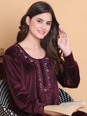 Secret Wish Burgundy Solid Round Neck Velvet Full Length Winter Nighty