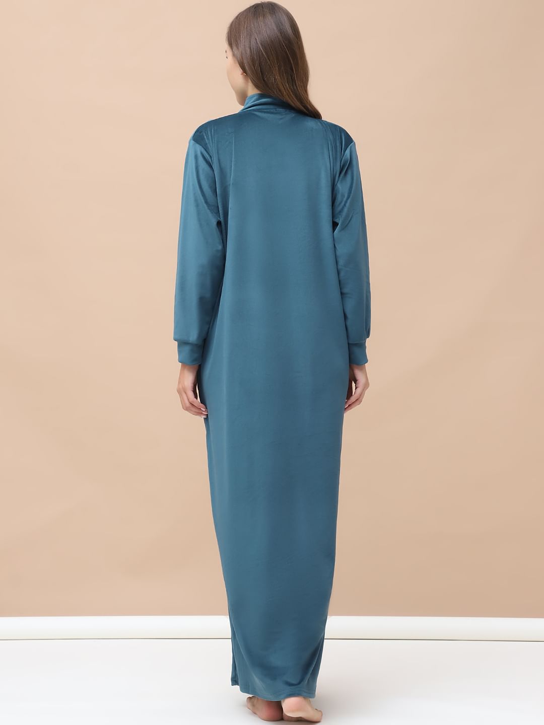 Solid Teal Velvet Nighty Full Length