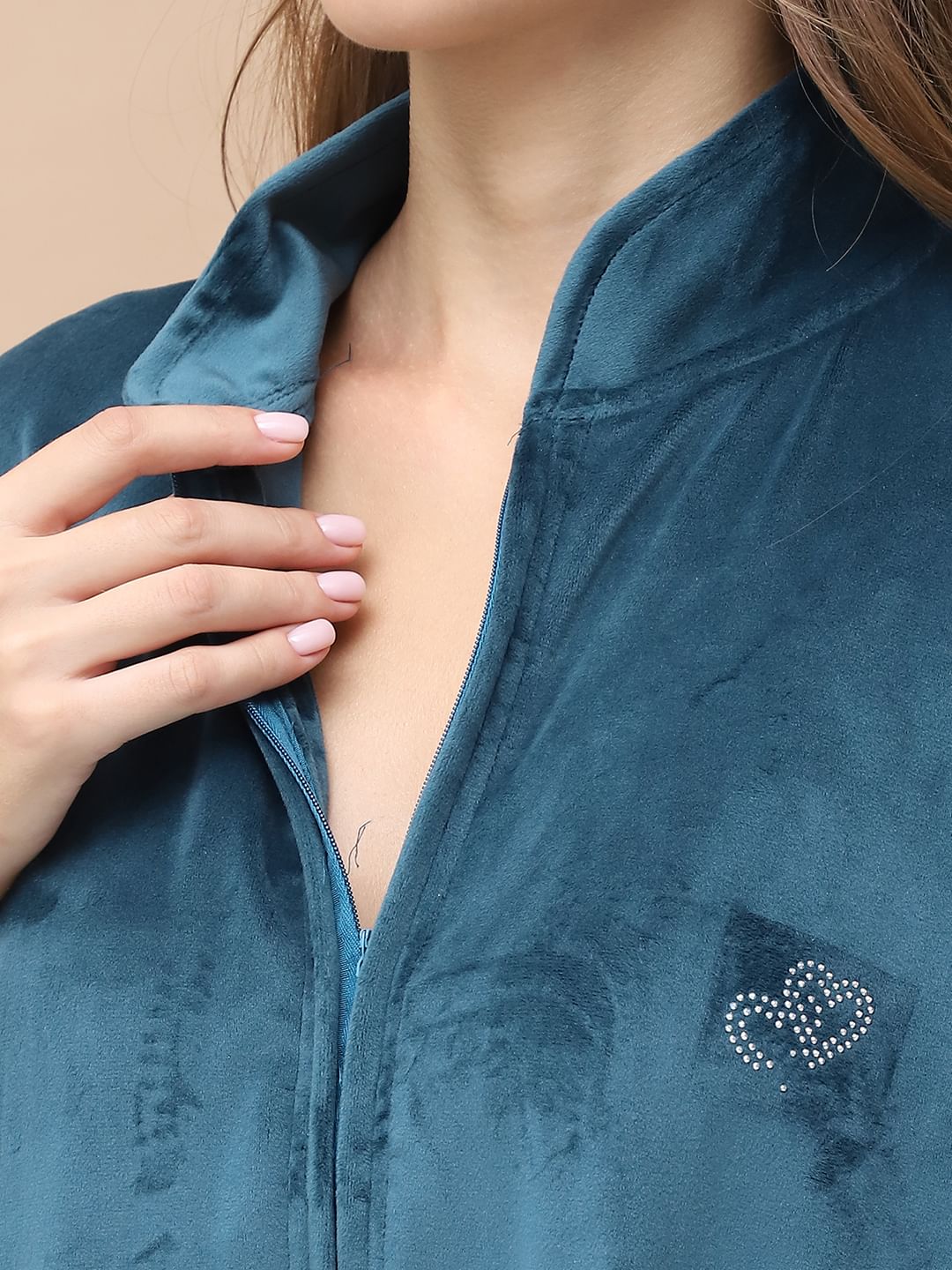 Solid Teal Velvet Nighty Full Length