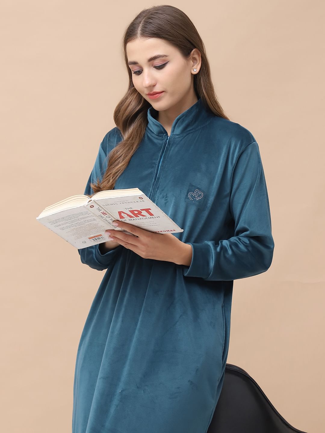 Solid Teal Velvet Nighty Full Length