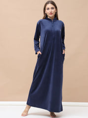 Solid Navy Blue Velvet Nighty Full Length