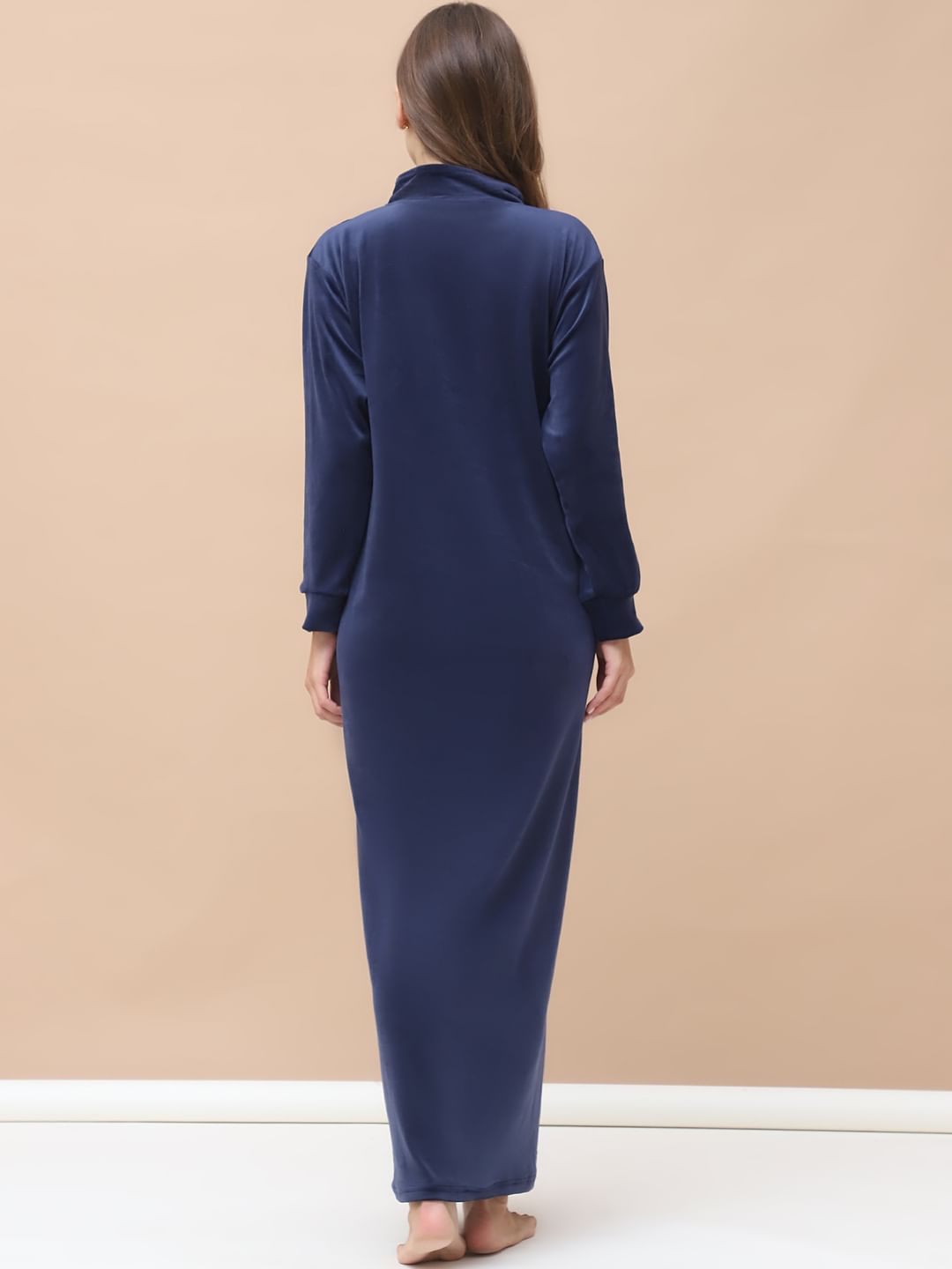 Solid Navy Blue Velvet Nighty Full Length