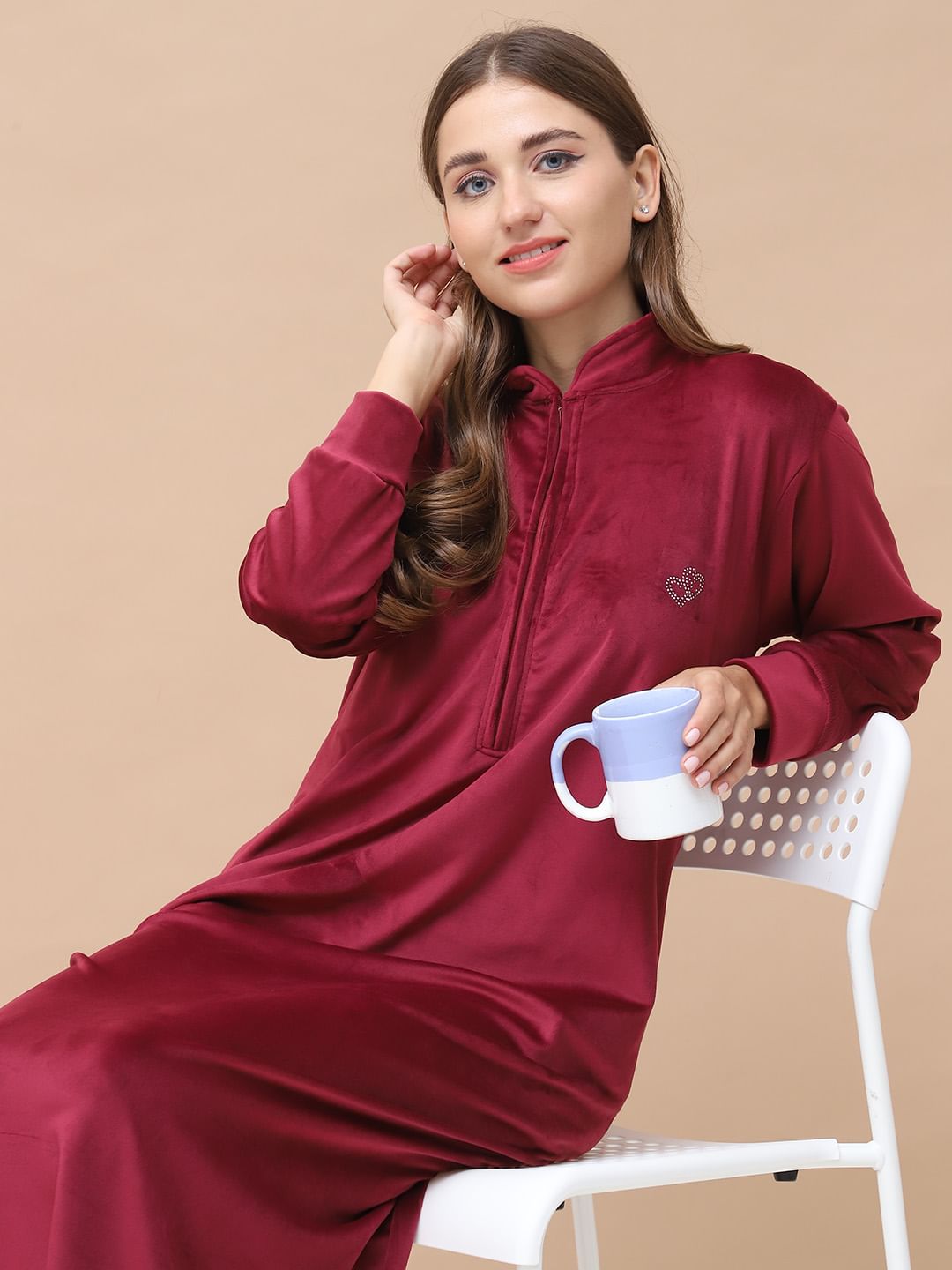 Solid Maroon Velvet Nighty Full Length