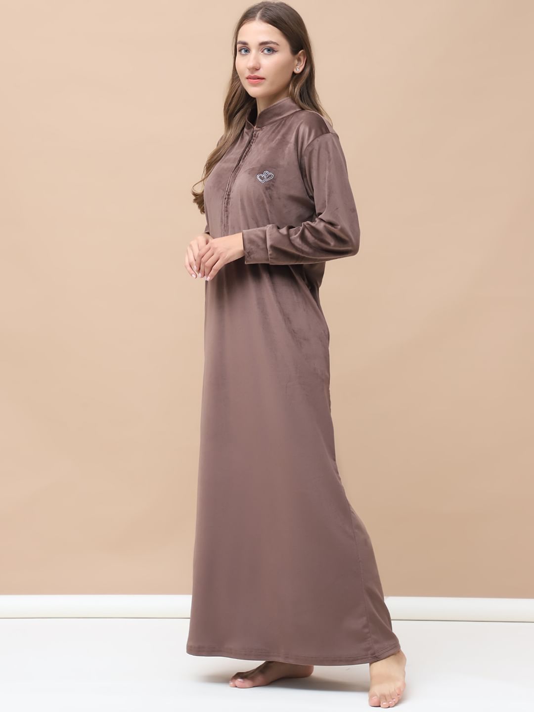 Solid Brown Velvet Nighty Full Length