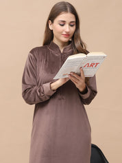 Solid Brown Velvet Nighty Full Length